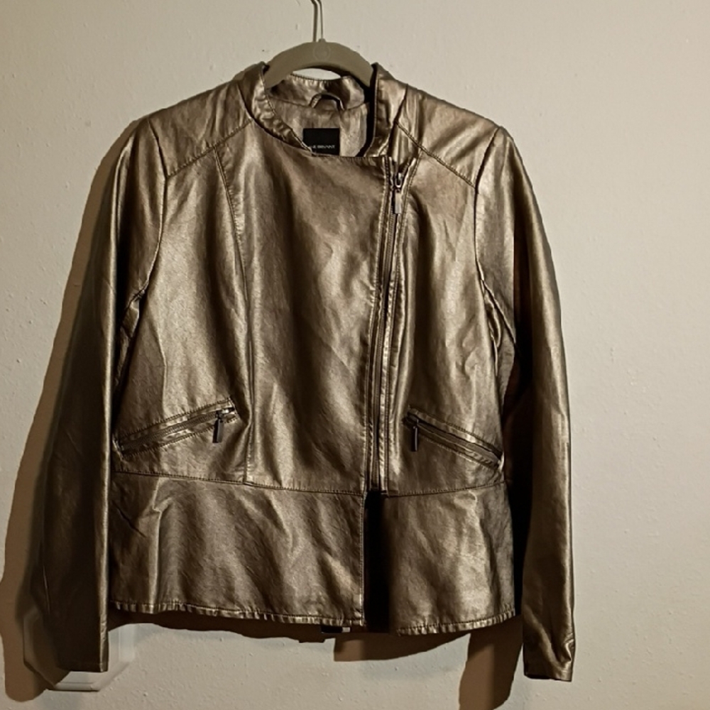 Chico's Gold Leather Moto Jacket with Asymmetrical Zipper